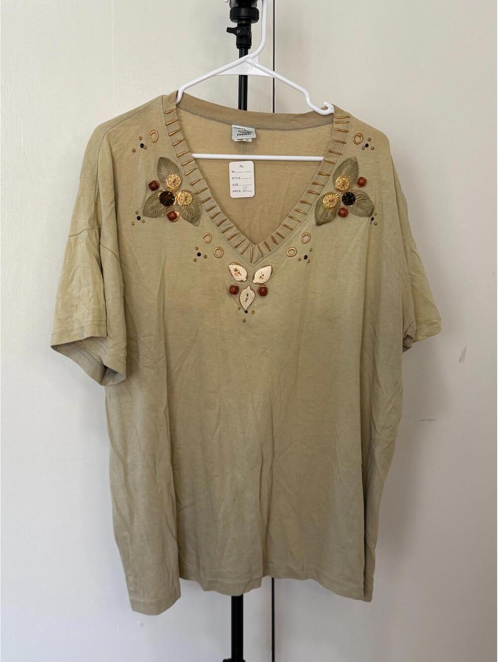Cesucci Beige Embellished V-Neck Top Short Sleeve Women’s Plus Size 1X